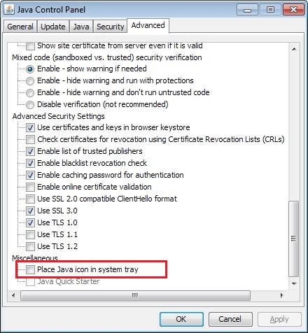 Un-check the option to disable the Java icon in the system tray