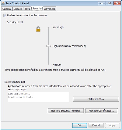 Java 7 denetim masası Güvenlik sekmesi