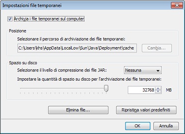Finestra di dialogo Impostazioni file temporanei